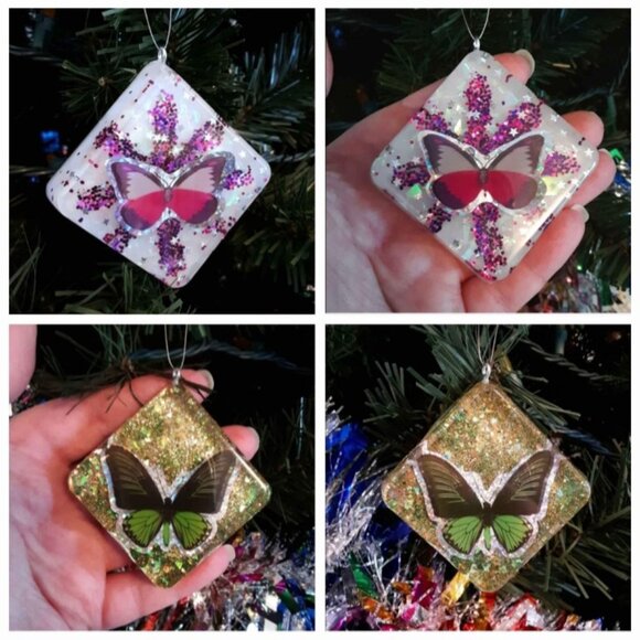 Set of 2 Butterfly Christmas Tree Ornaments Handmade Resin And Glitter - Picture 1 of 7